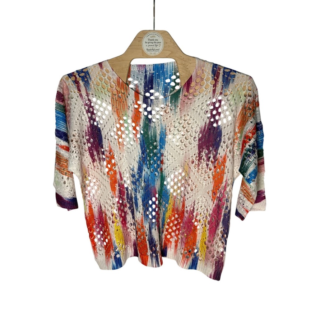 Multi Color Abstract Pointelle Knit Batwing Sweater XL Elbow Sleeve Crochet Top